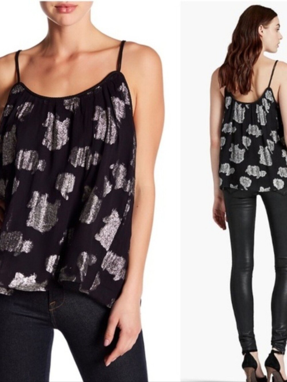 Lucky Brand Black & Metalic Camisole with BEAUTIFUL Shimmery Silver Floral Print